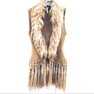 Tan sweater vest w/faux fur trim and beaded fringe